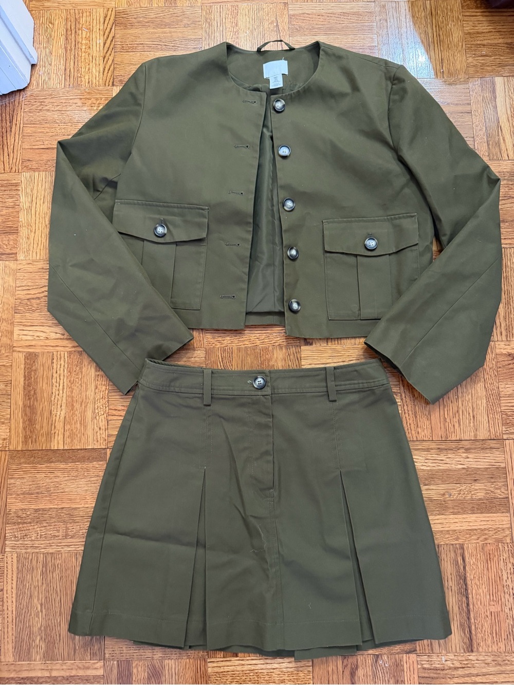 H&M Olive Green Cropped Blazer and Pleated Skirt Set